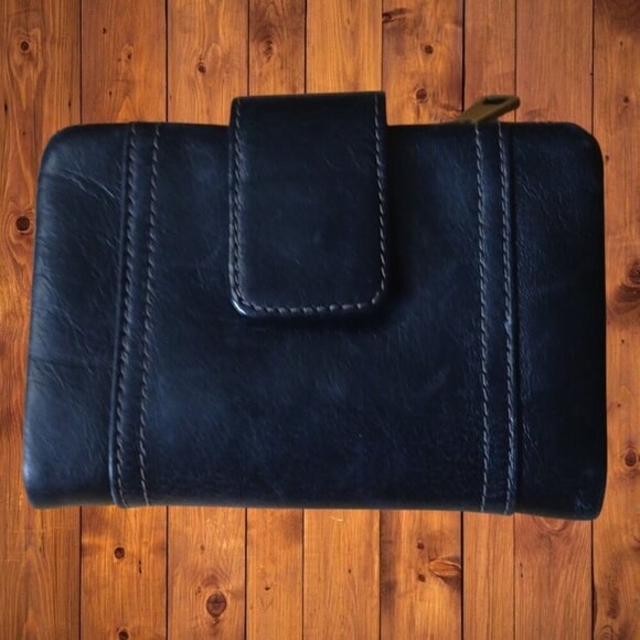 FOSSIL Black Leather Ellis Trifold Wallet Logo Snap Closure Classic Folding - Picture 6 of 6